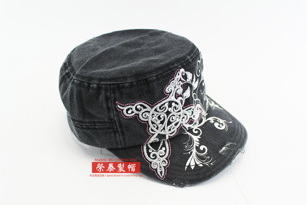 黑色古典花紋印花 磨破做舊洗水平頂軍帽 花紋接花平頂軍帽