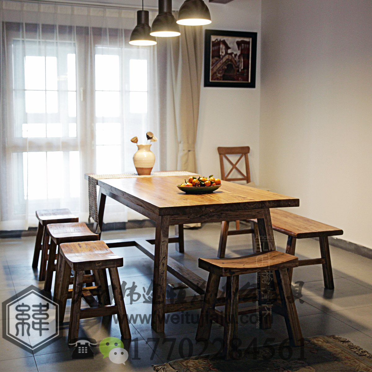 供應(yīng)天津?qū)嵞静妥酪?，天津老榆木餐桌?  src=