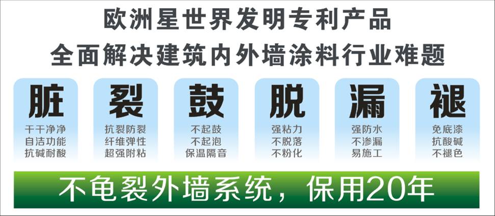 欧洲星新型发明专利外墙涂料，解决外墙龟裂，脱落，鼓起，粉化，退色，渗水等行业难题图片