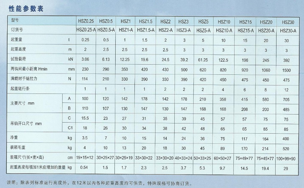 飞鸽牌手拉葫芦规格