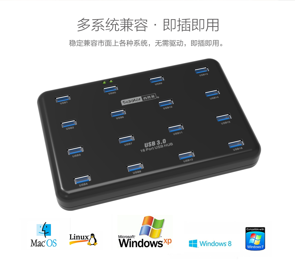 西普莱工业级A-100 HUB集线器 16口USB2.0分线器U盘TF卡批量测试拷贝