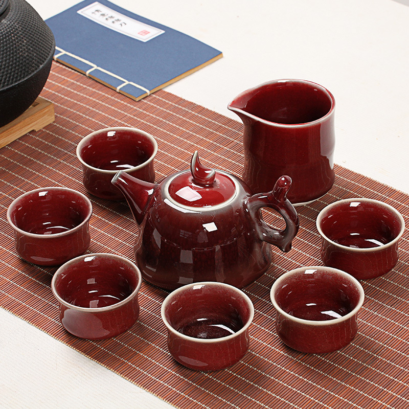 天目釉茶具套裝粗陶功夫禮品復(fù)古直筒杯鈞窯陶瓷茶具批發(fā) 天目釉茶具粗陶