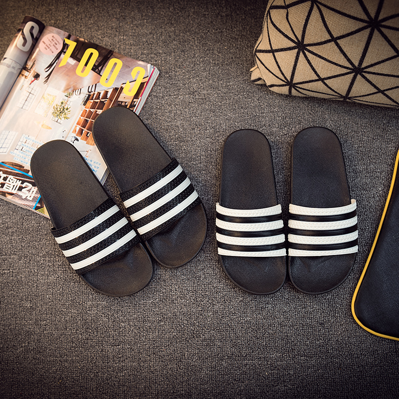 夏季韓版家居拖鞋經(jīng)典三條紋室內(nèi)女情侶拖鞋 浴室防滑耐磨拖鞋男