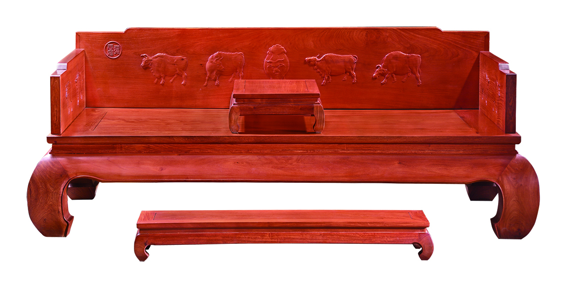 五牛羅漢床緬花浙江東陽紅木家具圖片