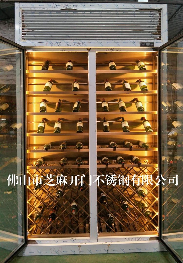 定制不锈钢恒温酒柜_玫瑰金拉丝酒架_不锈钢红酒柜_别墅地下酒窖酒柜图片