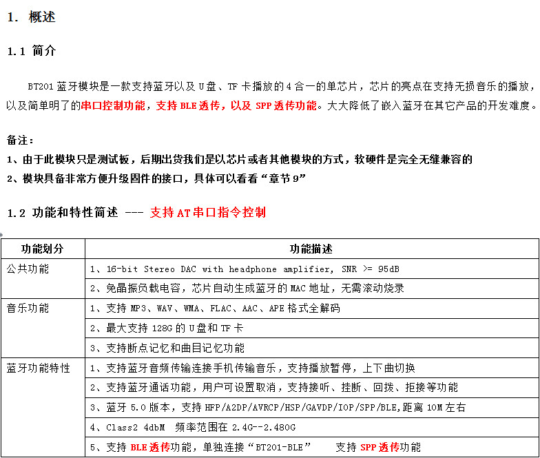 BT201蓝牙音频数据模块BT201蓝牙音频数据模块支持TF卡音频U盘和蓝牙BLE和SPP透传串口AT控制