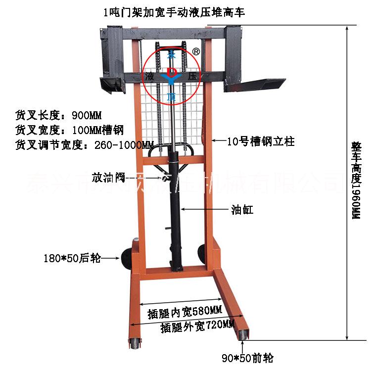 1吨门架加宽手动液压堆高叉车图片