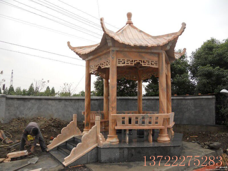 石雕涼亭 晚霞紅六角亭子園林?jǐn)[件