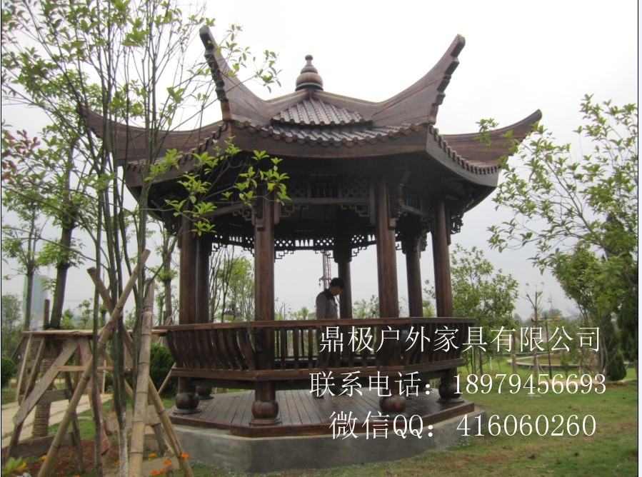 供應(yīng)批發(fā)涼亭涼亭廠家供應(yīng)直銷防腐木涼亭碳化木亭子八角彎水涼亭