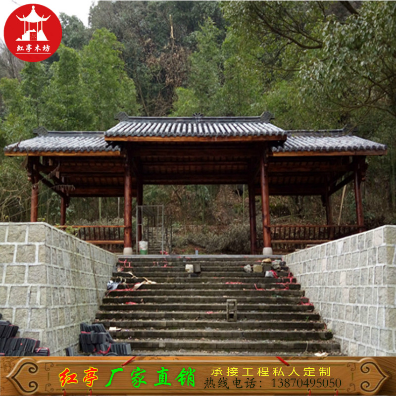 江西廠家定制小青瓦古瓦古建園林景區(qū)炭化防腐木長(zhǎng)廊水榭涼亭