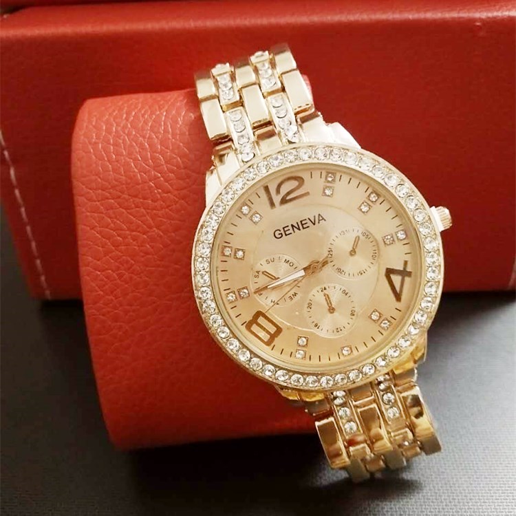 外貿(mào)熱銷日內(nèi)瓦男士玫金色鑲鉆石英手表 小三眼數(shù)字表盤(pán)手表