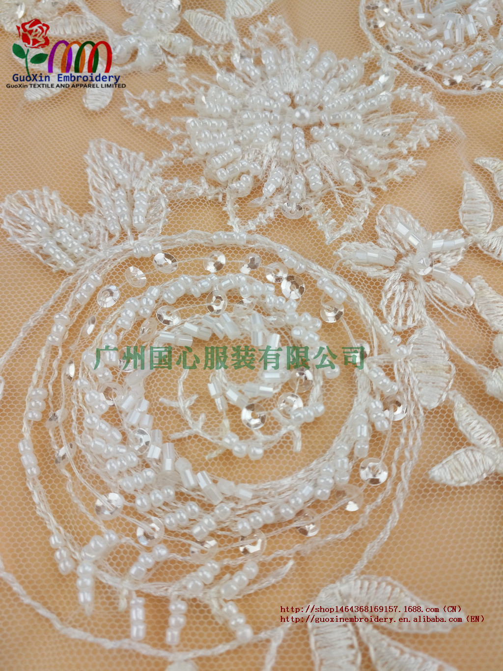 精美彩色釘珠蕾絲  *精美大紅釘珠蕾絲婚紗禮服面料 精美重工釘珠蕾絲