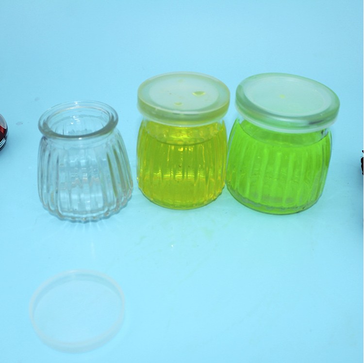 定制玻璃布丁瓶豎條紋布丁瓶烘焙模具瓶子 帶塑料蓋密封奶瓶100mL