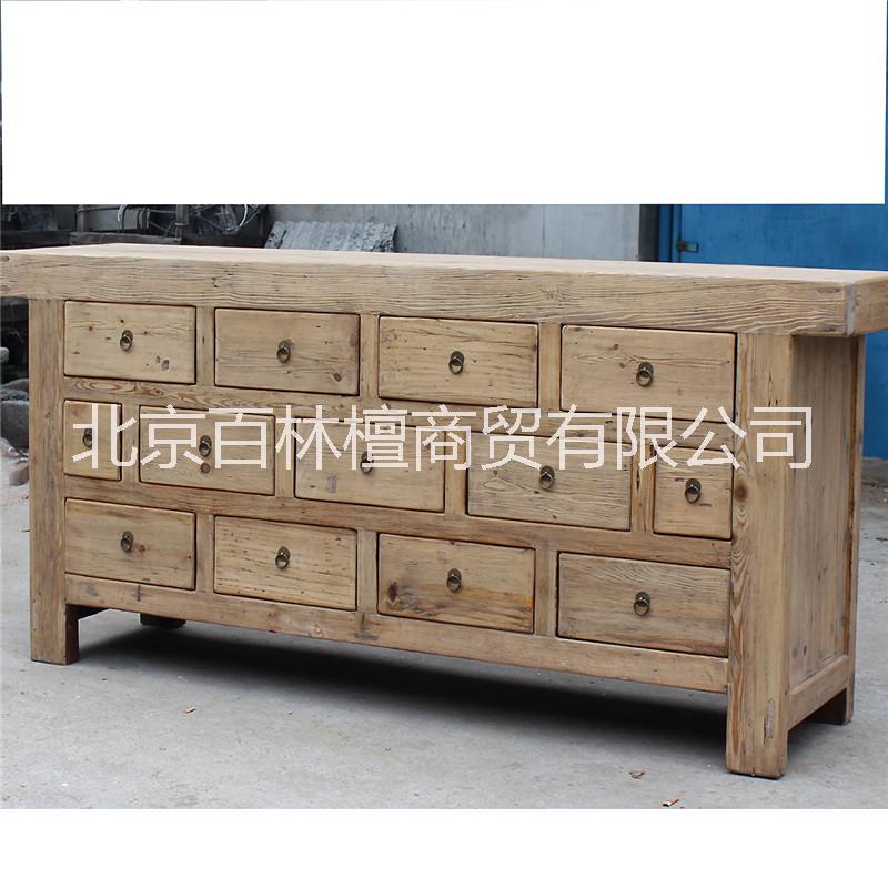 手工仿古做舊老松木餐邊柜 抽屜儲(chǔ)物柜實(shí)木 可定做榫卯多抽屜斗柜