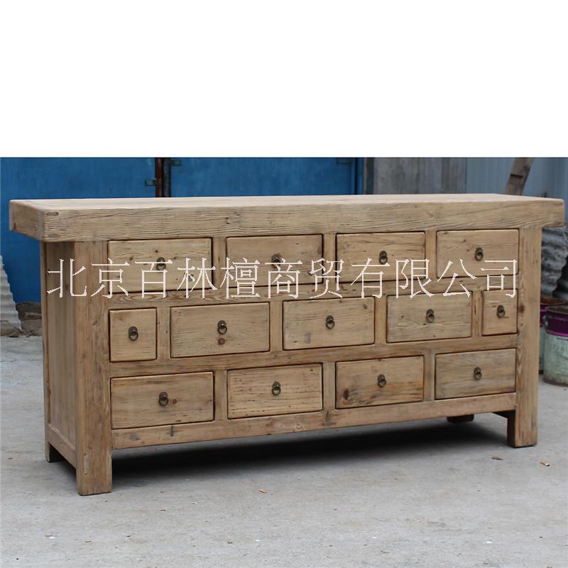 手工仿古做舊老松木餐邊柜 抽屜儲(chǔ)物柜實(shí)木 可定做榫卯多抽屜斗柜