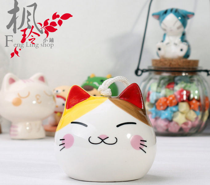 日式陶瓷風(fēng)鈴小貓咪表情車飾掛飾掛
