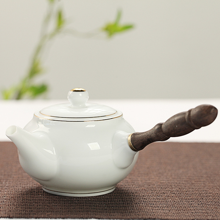 木柄側(cè)把壺白瓷描金日式茶壺創(chuàng)意個(gè)性陶瓷茶具長(zhǎng)柄側(cè)把茶壺