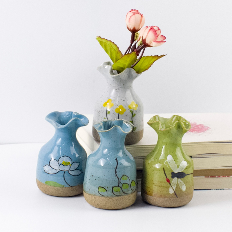 景德鎮(zhèn)陶瓷粉彩小花瓶   景德鎮(zhèn)粗陶瓷小花器 手工手繪粉彩 花插擺件 茶道花道復(fù)古小花瓶
