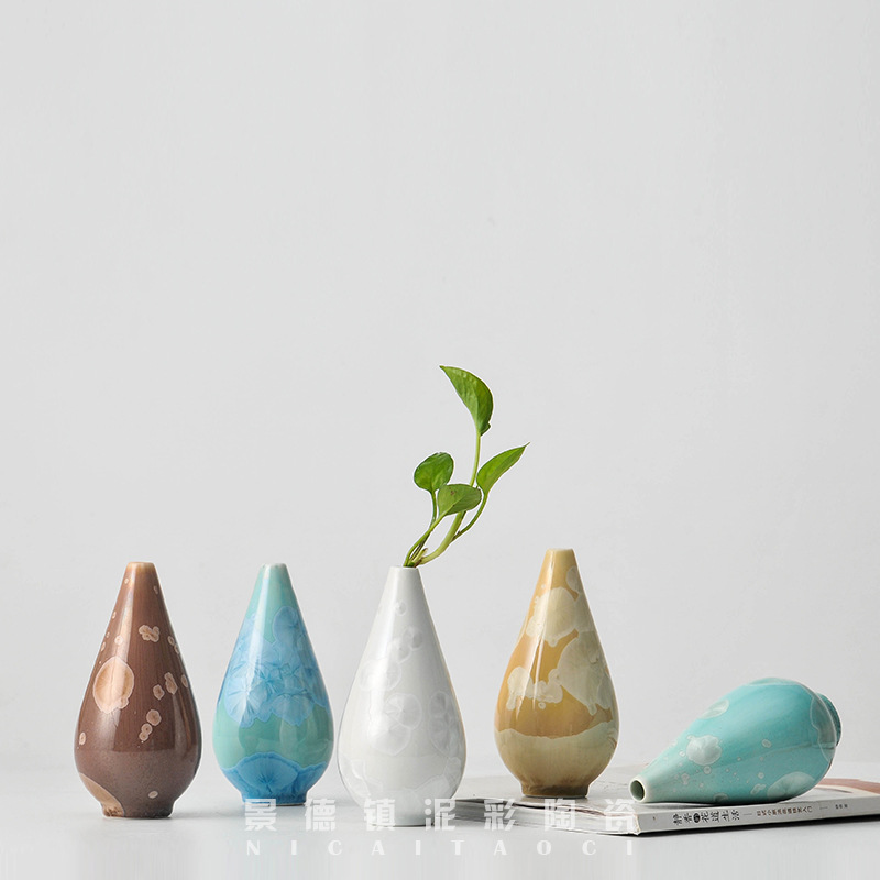 景德鎮(zhèn)陶瓷結(jié)晶花瓶    景德鎮(zhèn)陶瓷家居裝飾手工結(jié)晶釉花瓶水培復(fù)古干花花插花器客廳臺(tái)面擺件