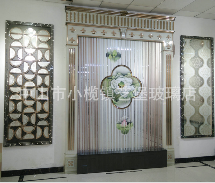 玄關(guān)隔斷雕刻玻璃工藝定制批發(fā)CJ-023平屏彩色藝術(shù)玻璃電視背景