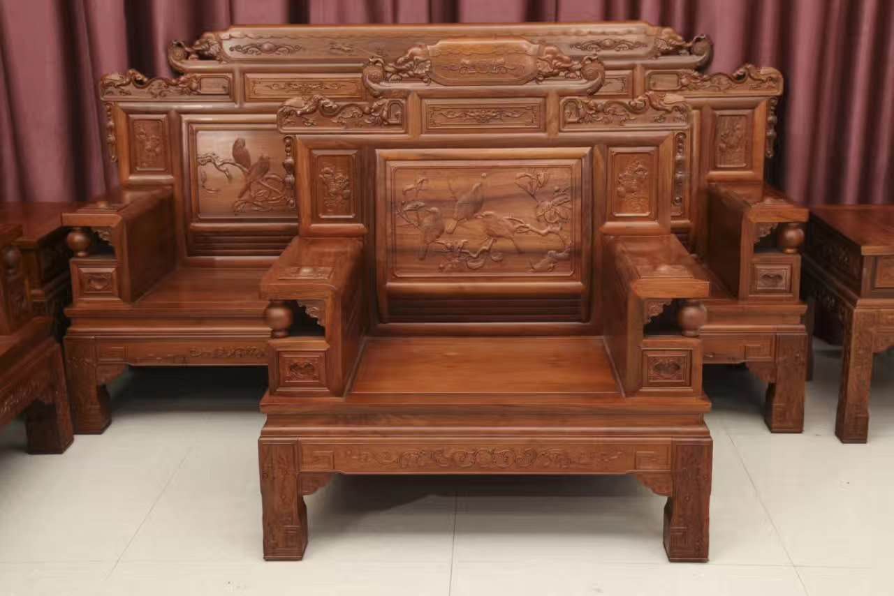 檀雕財(cái)源滾滾七件套緬花