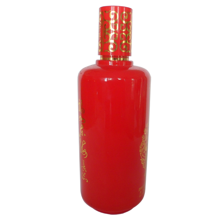 廠家供應(yīng)500mL紅色壽圓柱形噴涂烤花酒瓶貴州紅色酒瓶