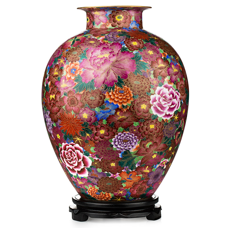 【刻金絲琺瑯彩萬花富貴瓶】 何叔水林正茂合作