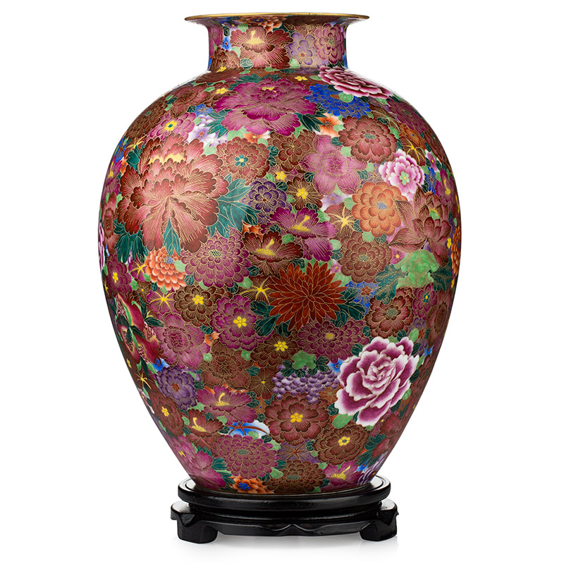 【刻金絲琺瑯彩萬花富貴瓶】 何叔水林正茂合作