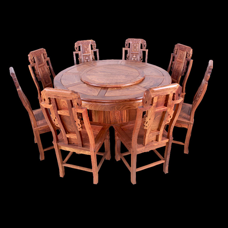 紅木古典家具*紫檀帶轉(zhuǎn)盤(pán)圓餐桌非洲花梨木全實(shí)木圓餐臺(tái)椅組合 *紫檀圓餐桌