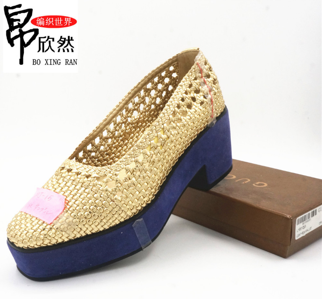 廠家直銷 金色銀色PU抽條編織鏤空涼鞋鞋面夏天純手工編花孔鞋配
