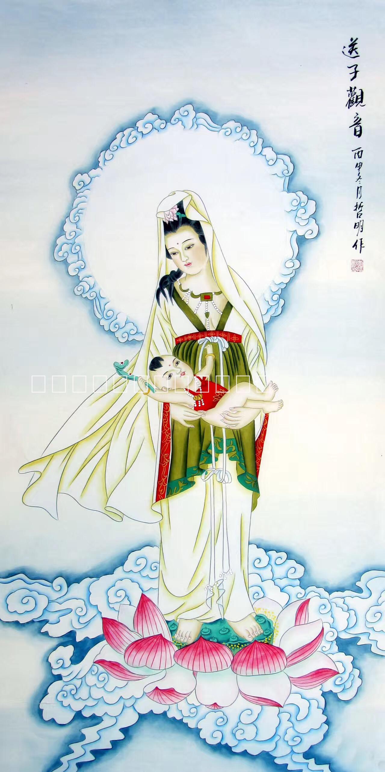 大芬油畫(huà)村中式酒店會(huì)所樣板房別墅臥室水墨手繪工筆觀音菩薩國(guó)畫(huà)框裝裱裝飾畫(huà)廠家批發(fā)