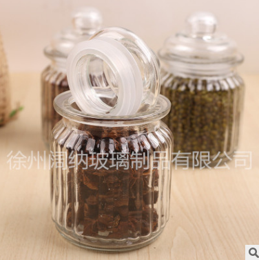 廠家直銷豎條紋雜糧糖果茶葉瓶創(chuàng)意圓形密封罐玻璃儲(chǔ)物罐密封圈