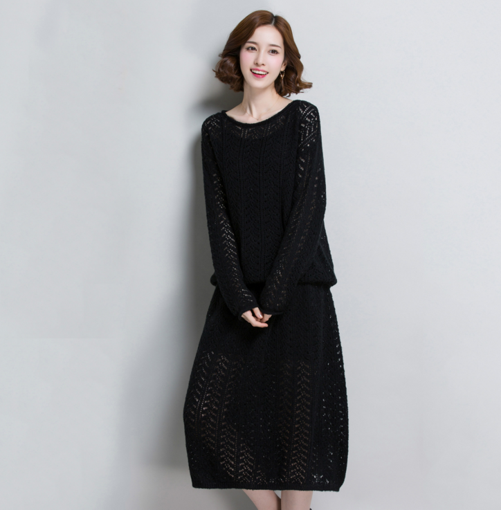 2017秋冬新款純色鏤空中長裙長袖圓領(lǐng)套裝裙