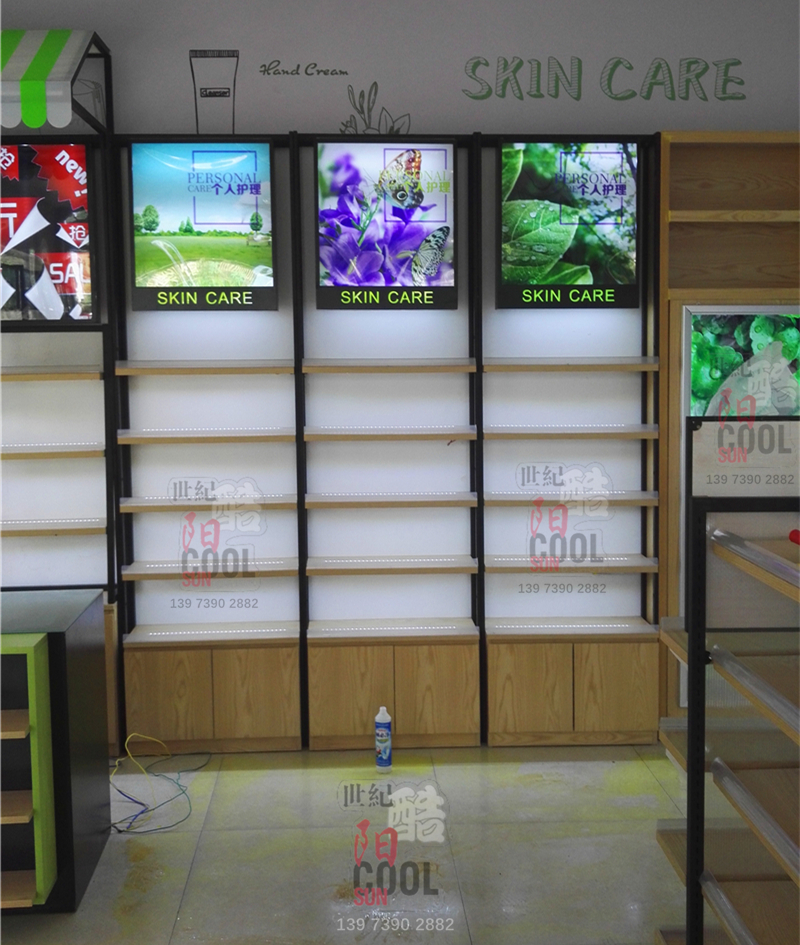 化妝品店柜臺(tái)展示柜裝修設(shè)計(jì)效果圖片 美妝道具日化店護(hù)膚品化妝品柜