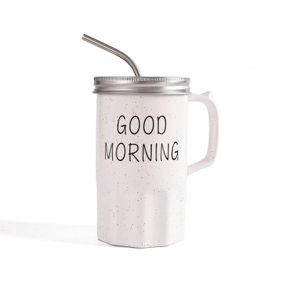 GOOD MORNING芝麻釉陶瓷馬克杯 帶蓋不銹鋼吸管杯 早餐杯