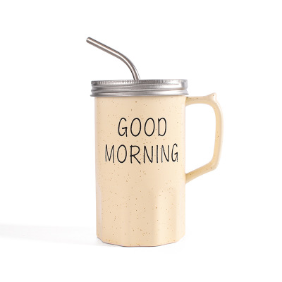 GOOD MORNING芝麻釉陶瓷馬克杯 帶蓋不銹鋼吸管杯 早餐杯