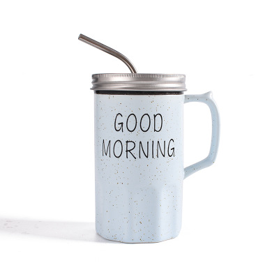 GOOD MORNING芝麻釉陶瓷馬克杯 帶蓋不銹鋼吸管杯 早餐杯