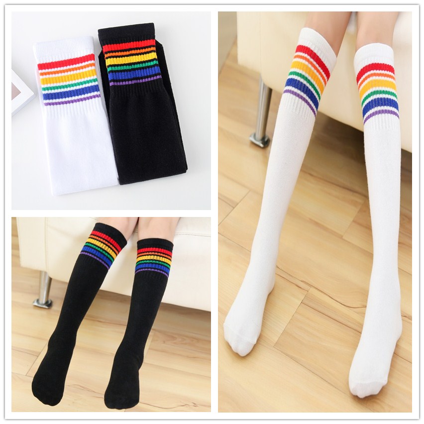 中高筒襪純棉彩虹條紋長筒過膝襪男女學(xué)生足球襪子 蝴蝶結(jié)中筒襪