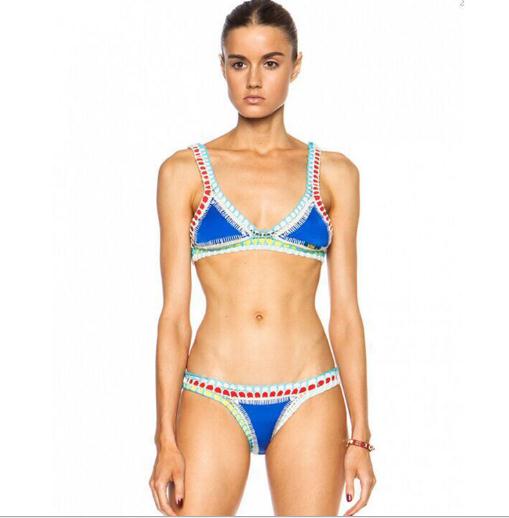 歐美性感手工鉤邊彩色比基尼套裝拼色橡膠女士針織沙灘泳裝批發(fā)