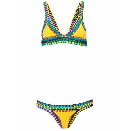 歐美性感手工鉤邊彩色比基尼套裝拼色橡膠女士針織沙灘泳裝批發(fā)