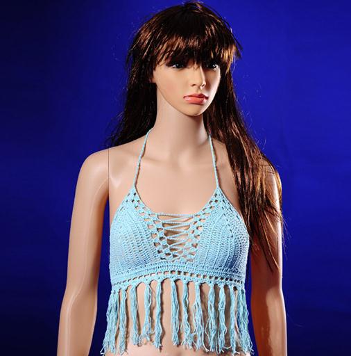 2017歐美新款百搭時(shí)尚比基尼鏤空泳衣 針織純色帶須單件游泳裝女