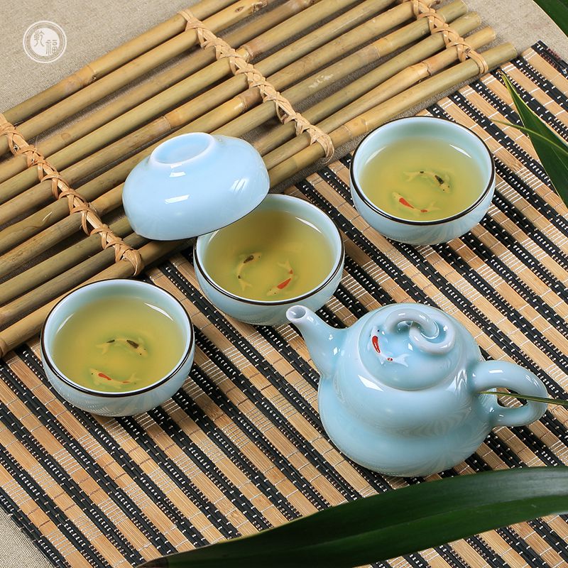 供應(yīng)青瓷浮雕葫蘆壺廠家 小茶壺五件套 茶壺禮品套裝廠家