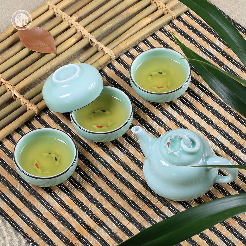 供應(yīng)青瓷浮雕葫蘆壺廠家 小茶壺五件套 茶壺禮品套裝廠家