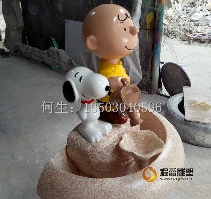 卡通公仔流水盆雕塑廠家 園林景觀雕塑擺件