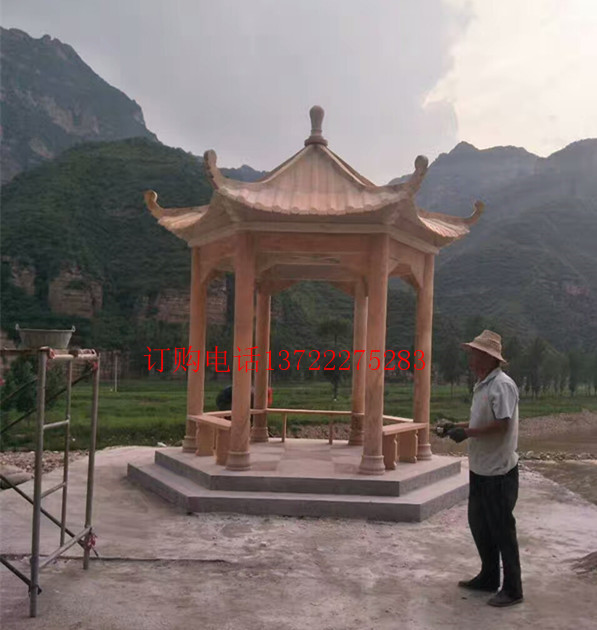 石雕涼亭-晚霞紅六角亭子-石頭單層涼亭價格