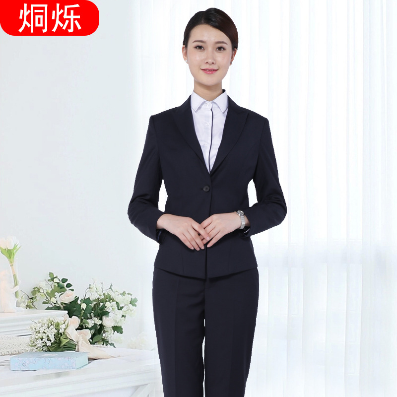 株洲職業(yè)裝定制藏青女士西服兩件套 職業(yè)女褲套裝