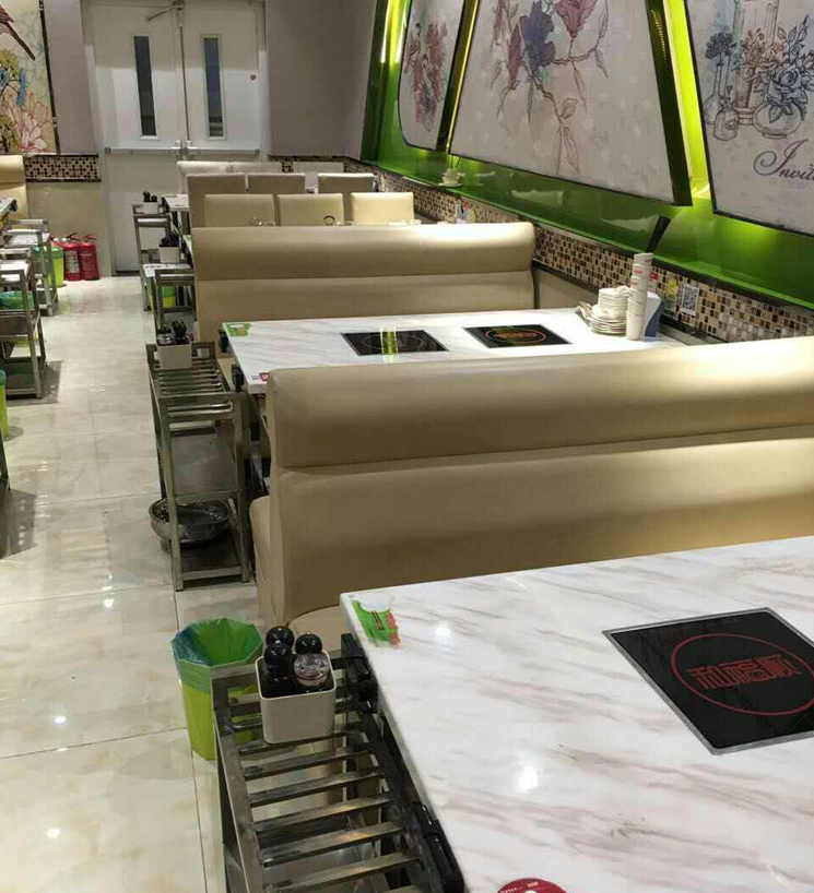 定做大理石火鍋店桌子電磁爐一體自助韓式無煙燒烤餐桌椅沙發(fā)組合