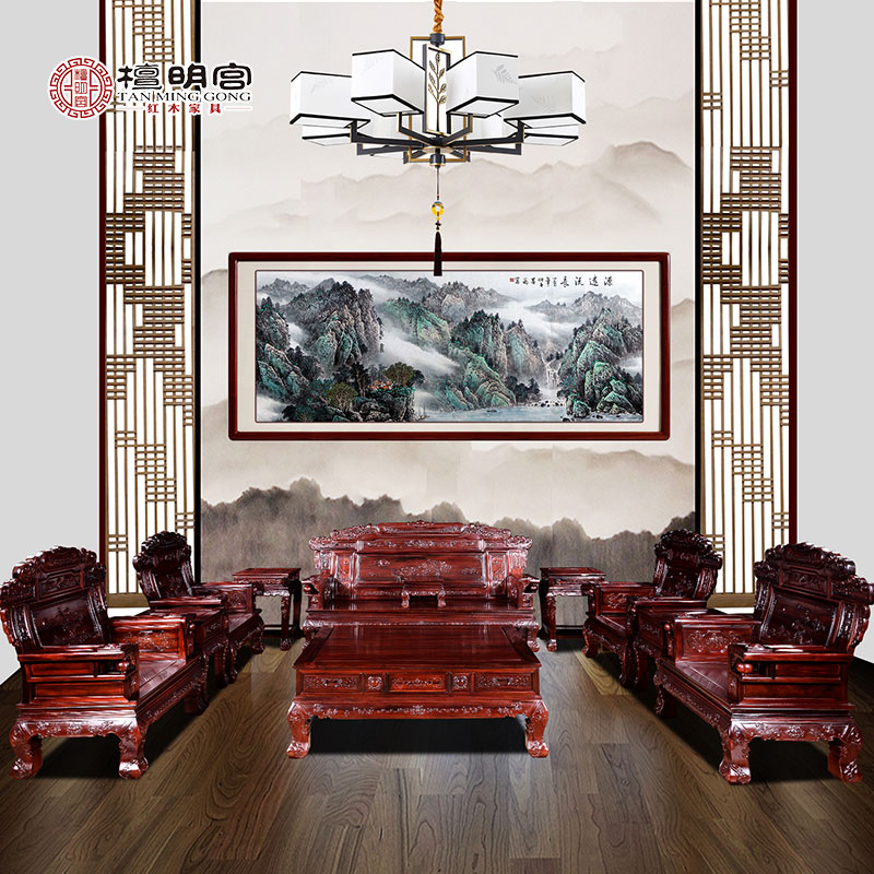 檀明宮紅酸枝鳥語花香沙發(fā)茶幾十一件套組合中式別墅實木沙發(fā) 檀明宮鳥語花香沙發(fā)