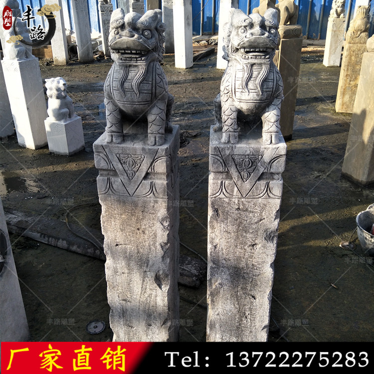 石雕小象拴馬樁，青石做舊石柱，庭院裝飾
