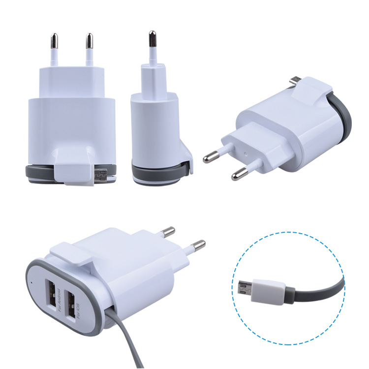 新款英規(guī)歐規(guī)美規(guī)帶線充電頭 5V2.1A充電器帶線 雙USB接口適配器